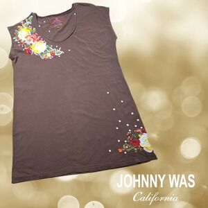 Johnny Was Embroidered Floral Sleeveless Tunic Top Womens Brown Cotton Size M